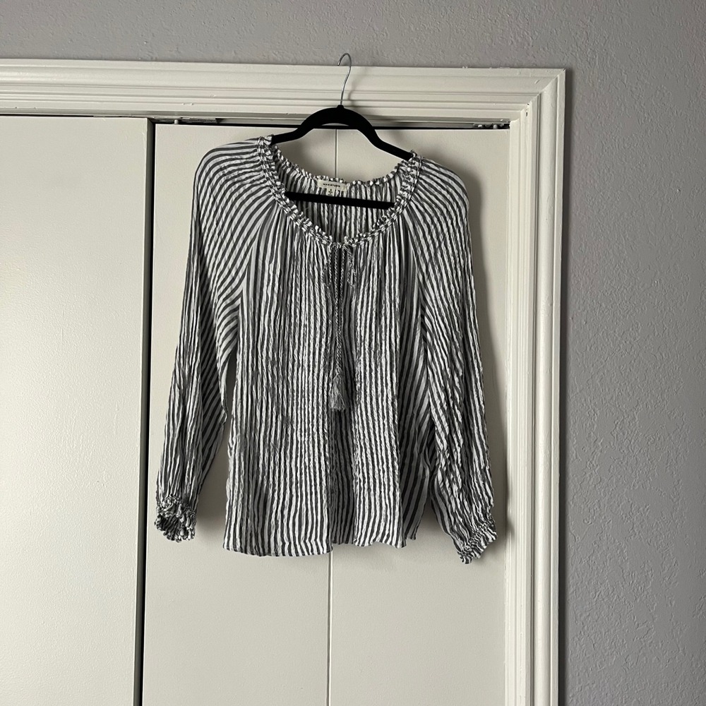 Max Studio‎ Striped Peasant Blouse Tassel Tie Long Sleeve Top Size S